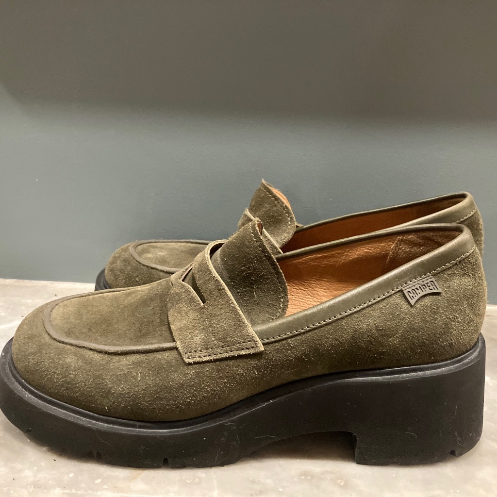 Camper Olive Green Suede Platform Loafers Size 40